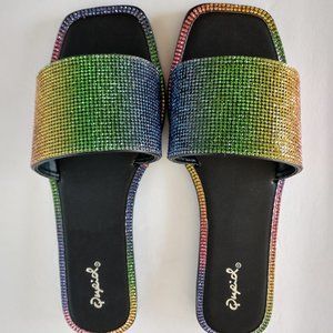 Qupid Rainbow Sandals Rhinestone Slides Various Sizes NIB